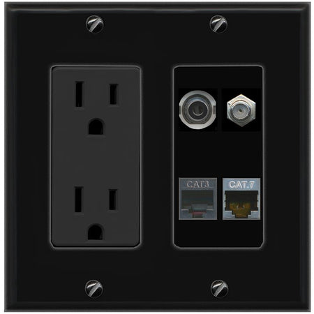 RiteAV 3.5mm CAT7 COAX PHONE Wall Plate with 15A Power Outlet [Black]