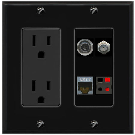 RiteAV 3.5mm CAT7 COAX SPEAKER Wall Plate with 15A Power Outlet [Black]