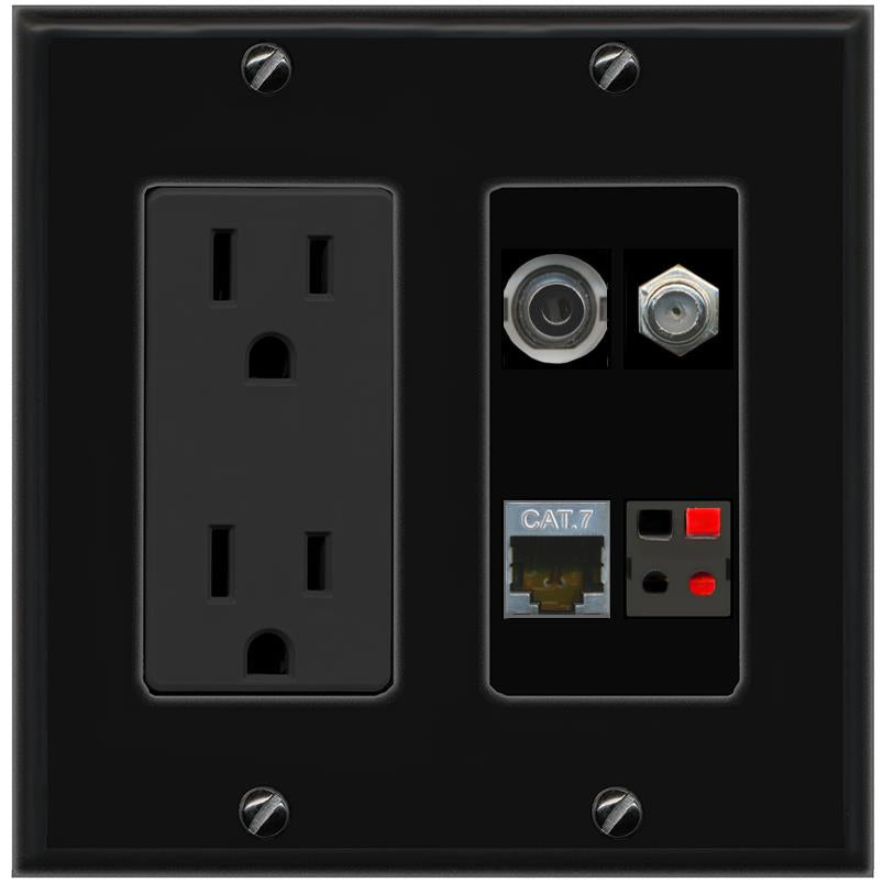 RiteAV 3.5mm CAT7 COAX SPEAKER Wall Plate with 15A Power Outlet [Black]