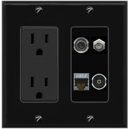 RiteAV 3.5mm CAT7 COAX TOSLINK Wall Plate with 15A Power Outlet [Black]