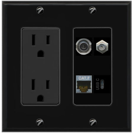 RiteAV 3.5mm CAT7 COAX USBC Wall Plate with 15A Power Outlet [Black]