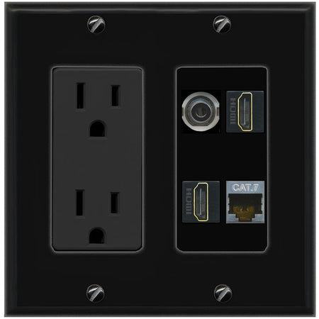 RiteAV 3.5mm CAT7 2 HDMI Wall Plate with 15A Power Outlet [Black]