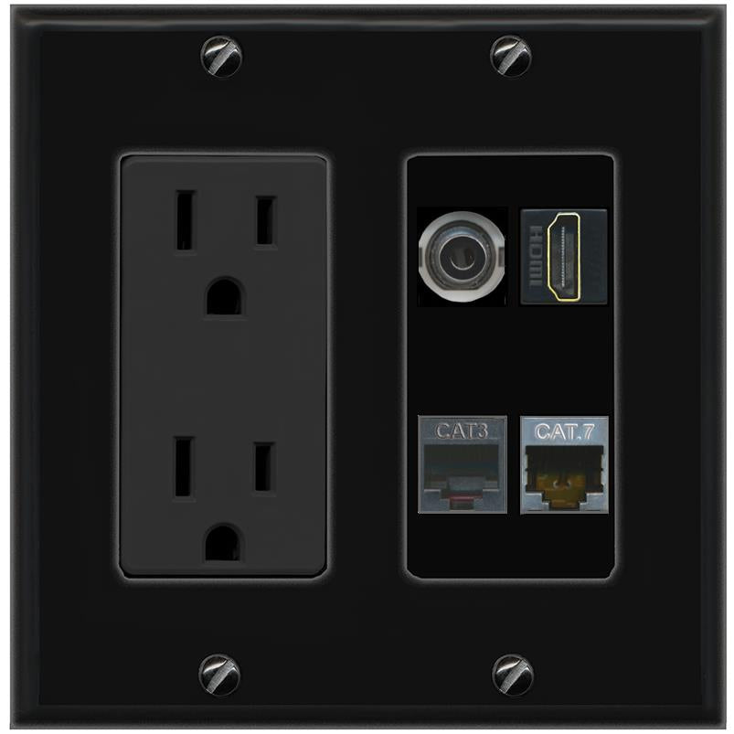 RiteAV 3.5mm CAT7 HDMI PHONE Wall Plate with 15A Power Outlet [Black]