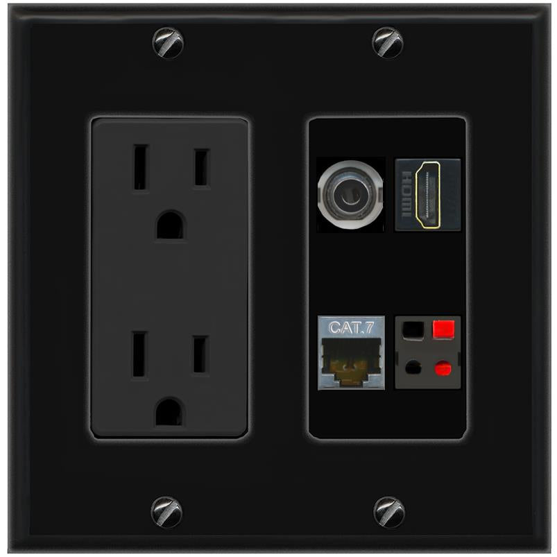 RiteAV 3.5mm CAT7 HDMI SPEAKER Wall Plate with 15A Power Outlet [Black]