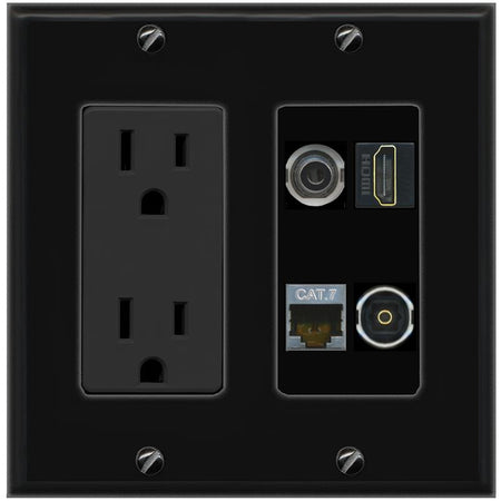 RiteAV 3.5mm CAT7 HDMI TOSLINK Wall Plate with 15A Power Outlet [Black]