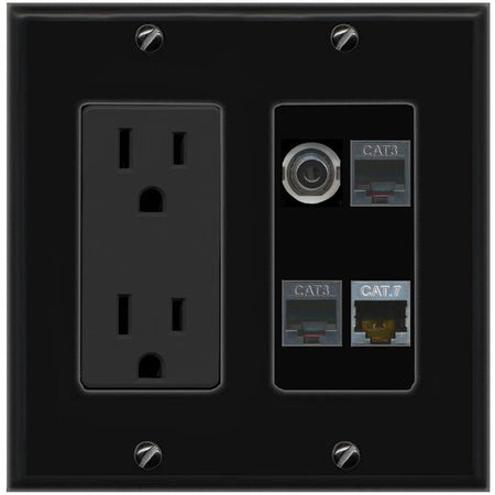 RiteAV 3.5mm CAT7 2 PHONE Wall Plate with 15A Power Outlet [Black]