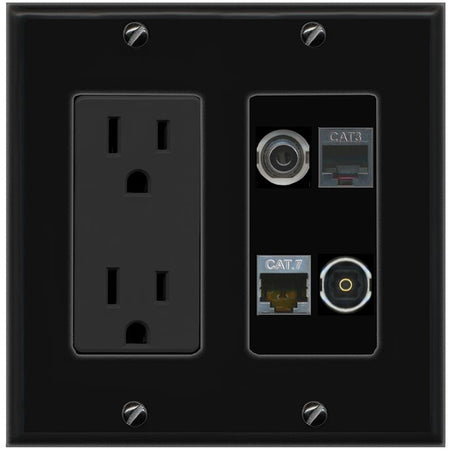 RiteAV 3.5mm CAT7 PHONE TOSLINK Wall Plate with 15A Power Outlet [Black]