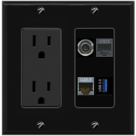 RiteAV 3.5mm CAT7 PHONE USB-3 Wall Plate with 15A Power Outlet [Black]