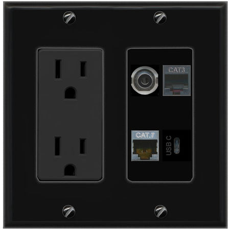 RiteAV 3.5mm CAT7 PHONE USBC Wall Plate with 15A Power Outlet [Black]