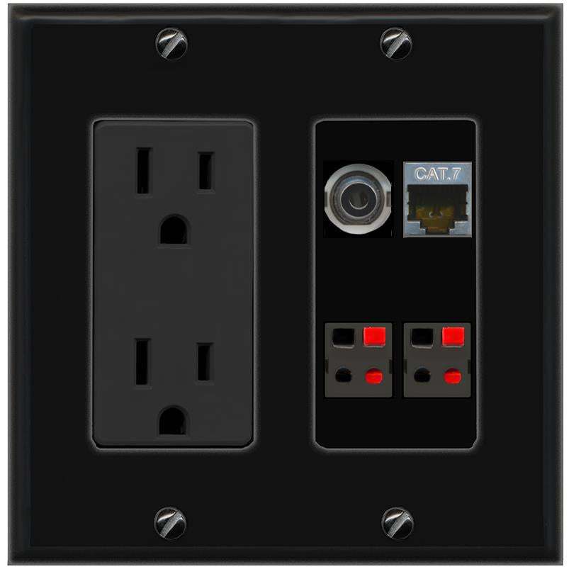 RiteAV 3.5mm CAT7 2 SPEAKER Wall Plate with 15A Power Outlet [Black]
