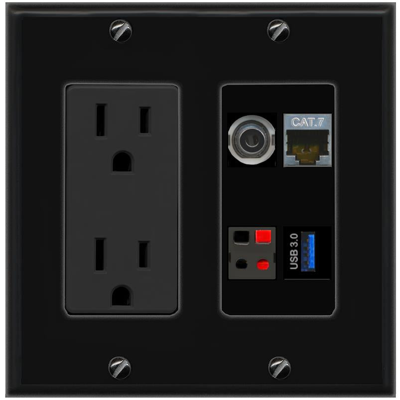 RiteAV 3.5mm CAT7 SPEAKER USB-3 Wall Plate with 15A Power Outlet [Black]