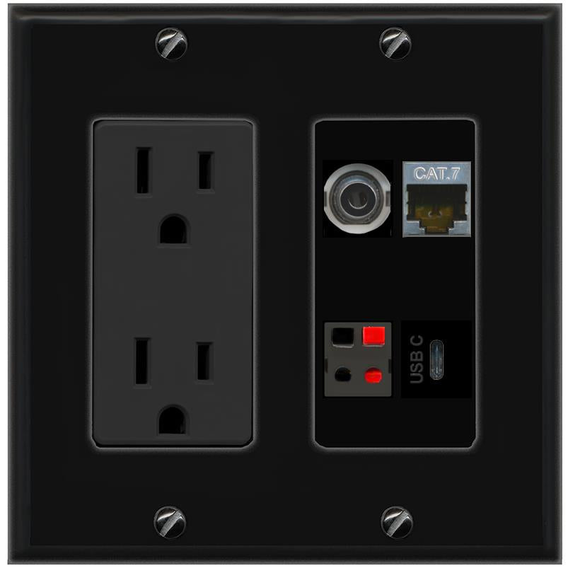 RiteAV 3.5mm CAT7 SPEAKER USBC Wall Plate with 15A Power Outlet [Black]