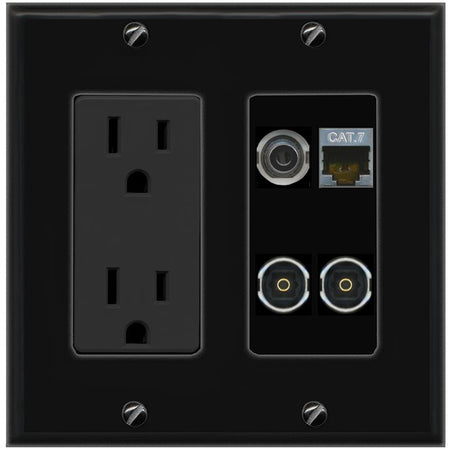RiteAV 3.5mm CAT7 2 TOSLINK Wall Plate with 15A Power Outlet [Black]