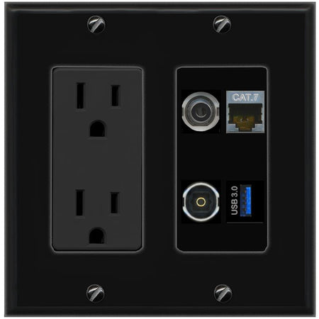 RiteAV 3.5mm CAT7 TOSLINK USB-3 Wall Plate with 15A Power Outlet [Black]