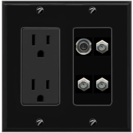 RiteAV 3.5mm 3 COAX Wall Plate with 15A Power Outlet [Black]