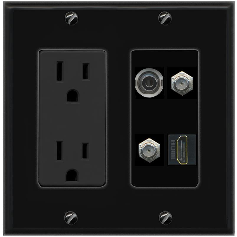 RiteAV 3.5mm 2 COAX HDMI Wall Plate with 15A Power Outlet [Black]
