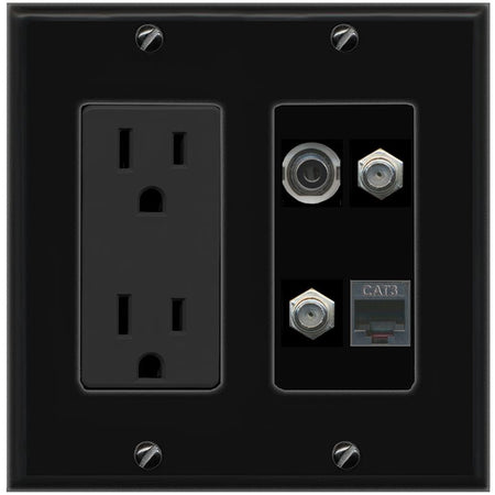 RiteAV 3.5mm 2 COAX PHONE Wall Plate with 15A Power Outlet [Black]