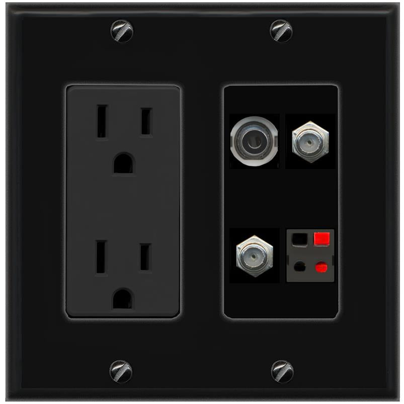 RiteAV 3.5mm 2 COAX SPEAKER Wall Plate with 15A Power Outlet [Black]