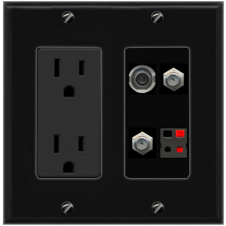 RiteAV 3.5mm 2 COAX SPEAKER Wall Plate with 15A Power Outlet [Black]