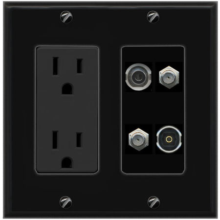 RiteAV 3.5mm 2 COAX TOSLINK Wall Plate with 15A Power Outlet [Black]