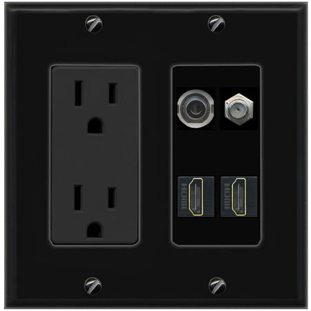 RiteAV 3.5mm COAX 2 HDMI Wall Plate with 15A Power Outlet [Black]
