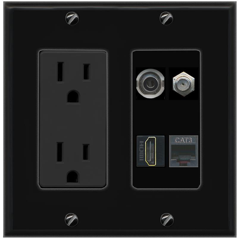 RiteAV 3.5mm COAX HDMI PHONE Wall Plate with 15A Power Outlet [Black]