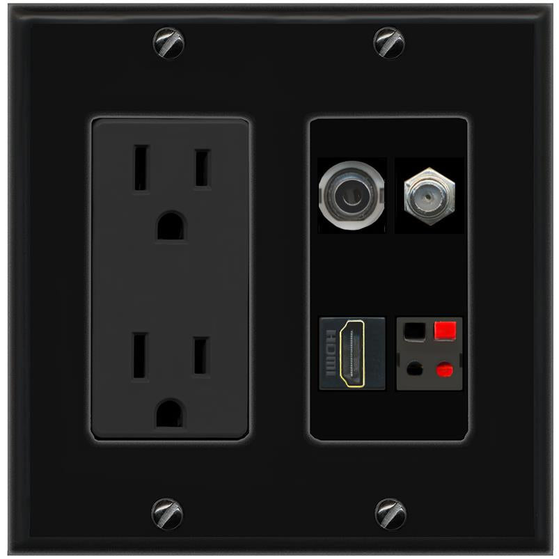RiteAV 3.5mm COAX HDMI SPEAKER Wall Plate with 15A Power Outlet [Black]