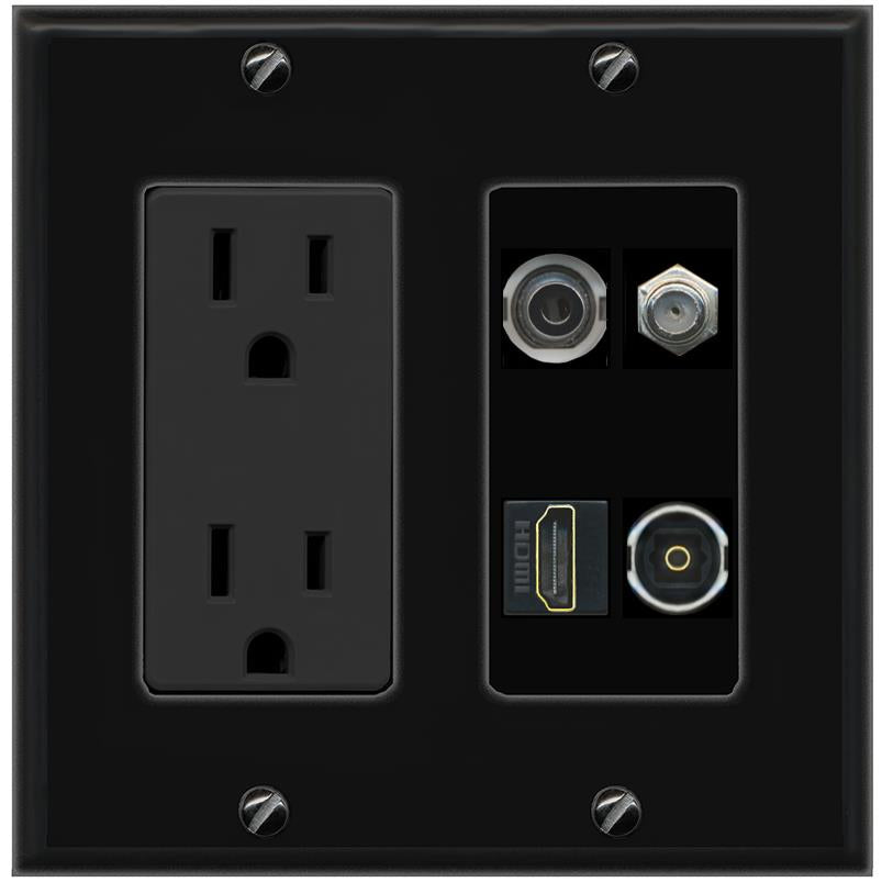 RiteAV 3.5mm COAX HDMI TOSLINK Wall Plate with 15A Power Outlet [Black]