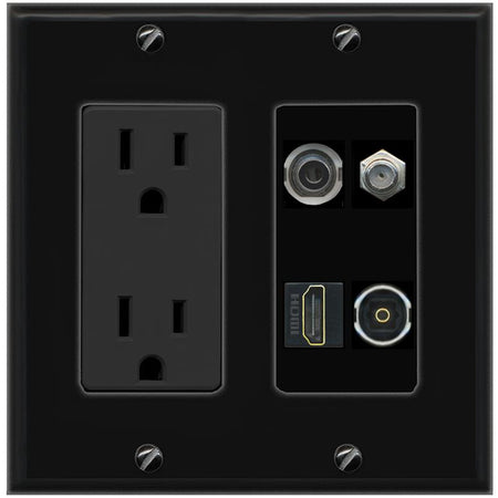 RiteAV 3.5mm COAX HDMI TOSLINK Wall Plate with 15A Power Outlet [Black]