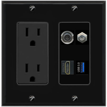 RiteAV 3.5mm COAX HDMI USB-3 Wall Plate with 15A Power Outlet [Black]