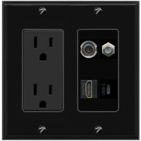 RiteAV 3.5mm COAX HDMI USBC Wall Plate with 15A Power Outlet [Black]