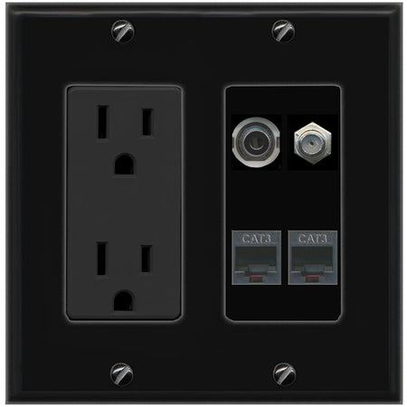 RiteAV 3.5mm COAX 2 PHONE Wall Plate with 15A Power Outlet [Black]