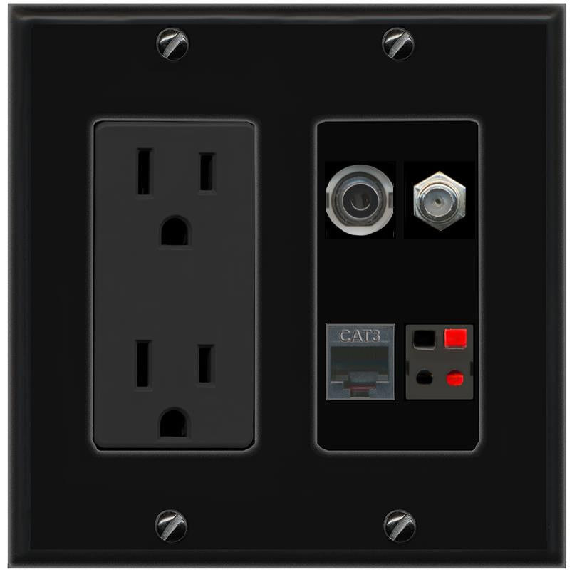 RiteAV 3.5mm COAX PHONE SPEAKER Wall Plate with 15A Power Outlet [Black]