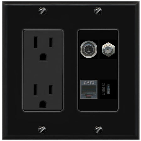 RiteAV 3.5mm COAX PHONE USBC Wall Plate with 15A Power Outlet [Black]