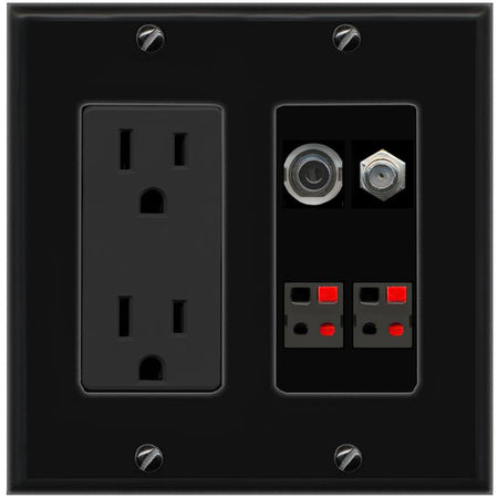 RiteAV 3.5mm COAX 2 SPEAKER Wall Plate with 15A Power Outlet [Black]