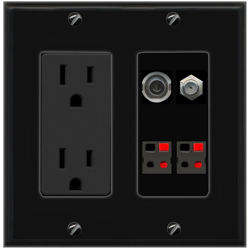 RiteAV 3.5mm COAX 2 SPEAKER Wall Plate with 15A Power Outlet [Black]