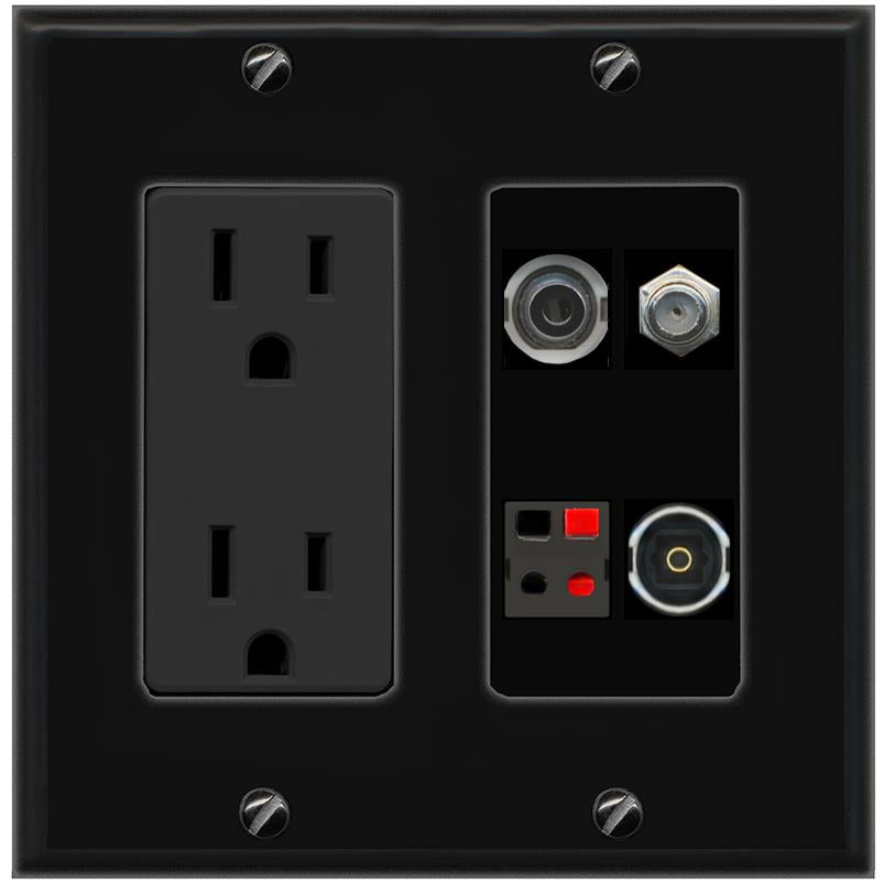 RiteAV 3.5mm COAX SPEAKER TOSLINK Wall Plate with 15A Power Outlet [Black]