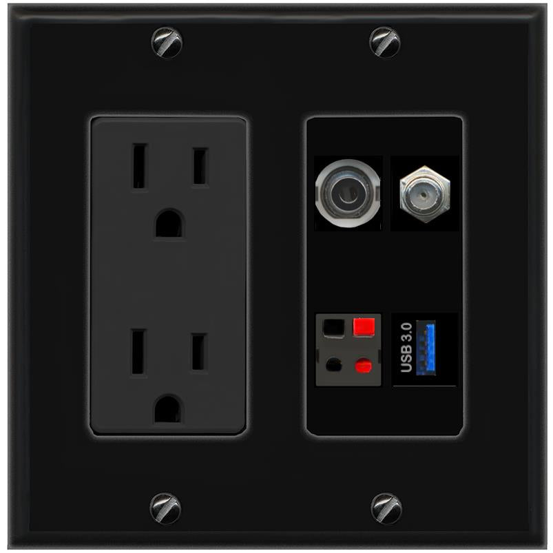 RiteAV 3.5mm COAX SPEAKER USB-3 Wall Plate with 15A Power Outlet [Black]