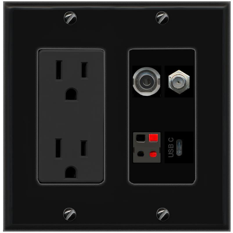 RiteAV 3.5mm COAX SPEAKER USBC Wall Plate with 15A Power Outlet [Black]