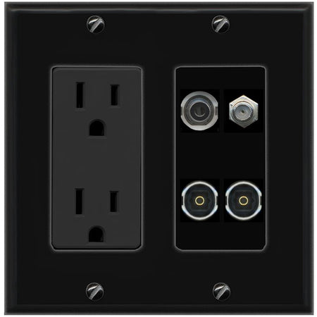 RiteAV 3.5mm COAX 2 TOSLINK Wall Plate with 15A Power Outlet [Black]
