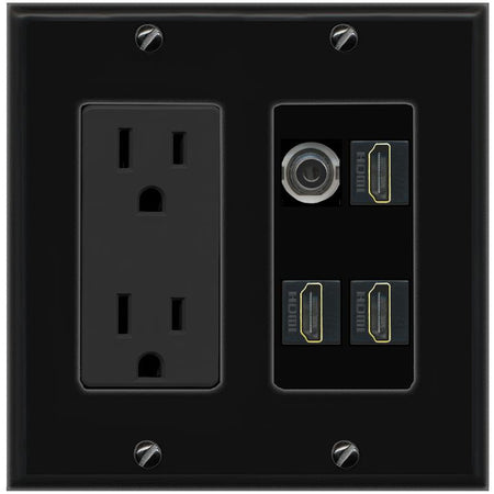 RiteAV 3.5mm 3 HDMI Wall Plate with 15A Power Outlet [Black]