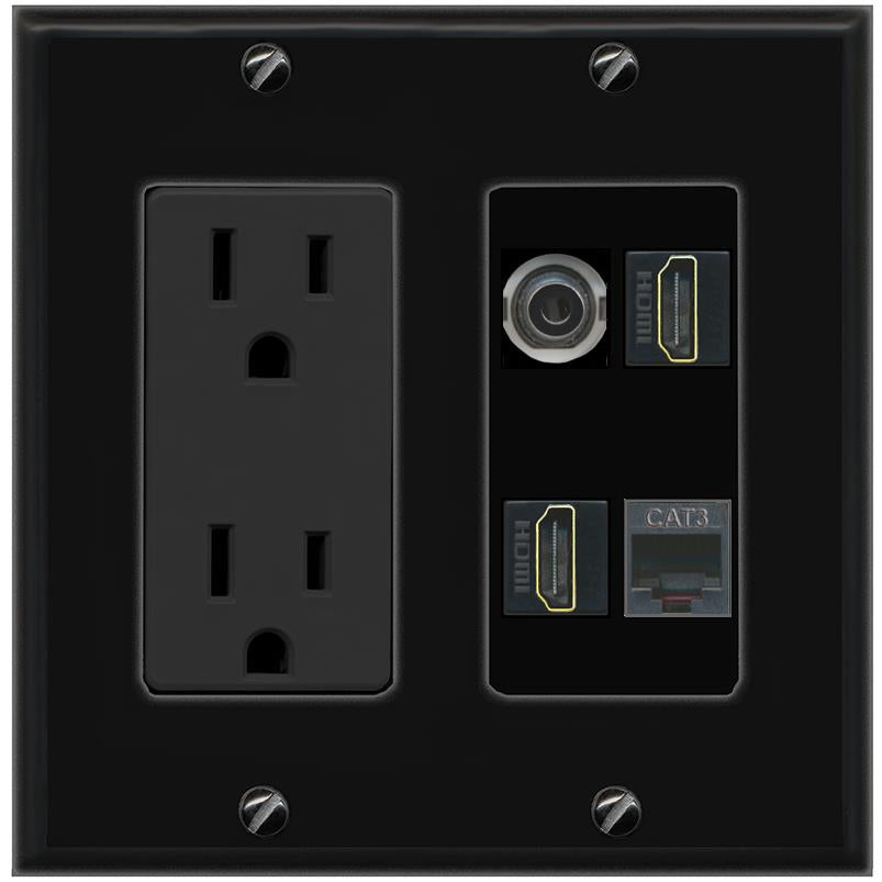 RiteAV 3.5mm 2 HDMI PHONE Wall Plate with 15A Power Outlet [Black]