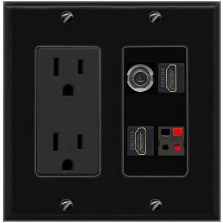 RiteAV 3.5mm 2 HDMI SPEAKER Wall Plate with 15A Power Outlet [Black]