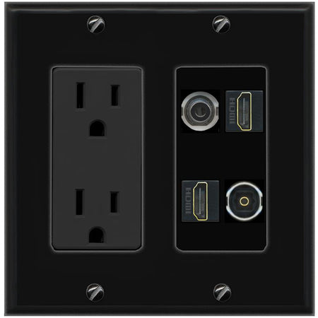 RiteAV 3.5mm 2 HDMI TOSLINK Wall Plate with 15A Power Outlet [Black]