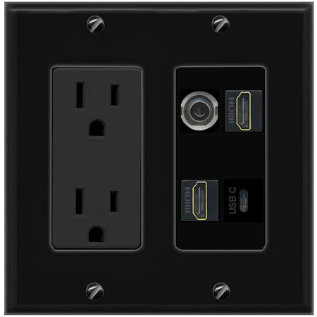 RiteAV 3.5mm 2 HDMI USBC Wall Plate with 15A Power Outlet [Black]