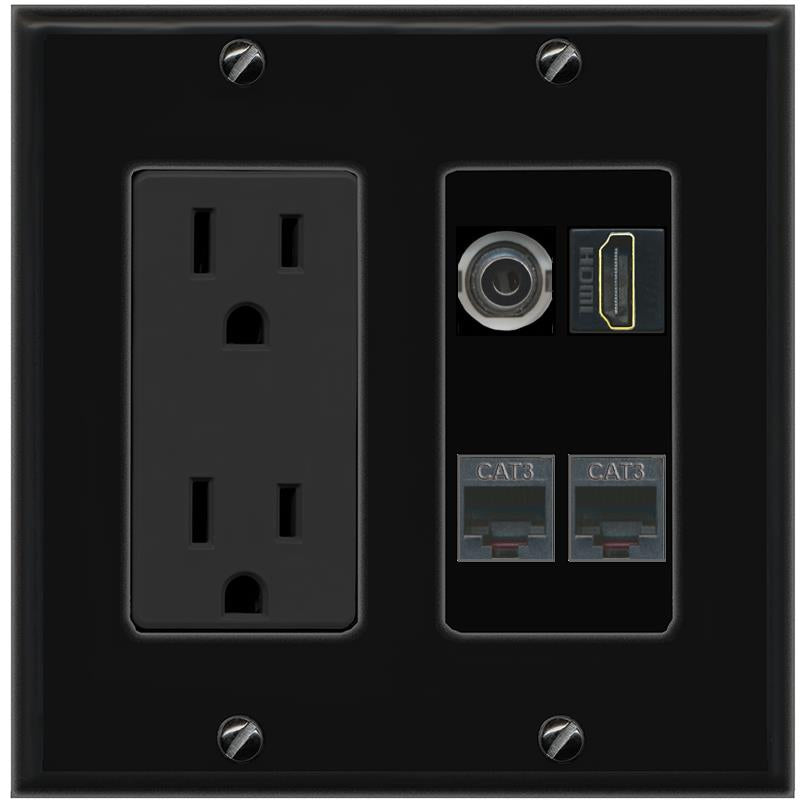 RiteAV 3.5mm HDMI 2 PHONE Wall Plate with 15A Power Outlet [Black]