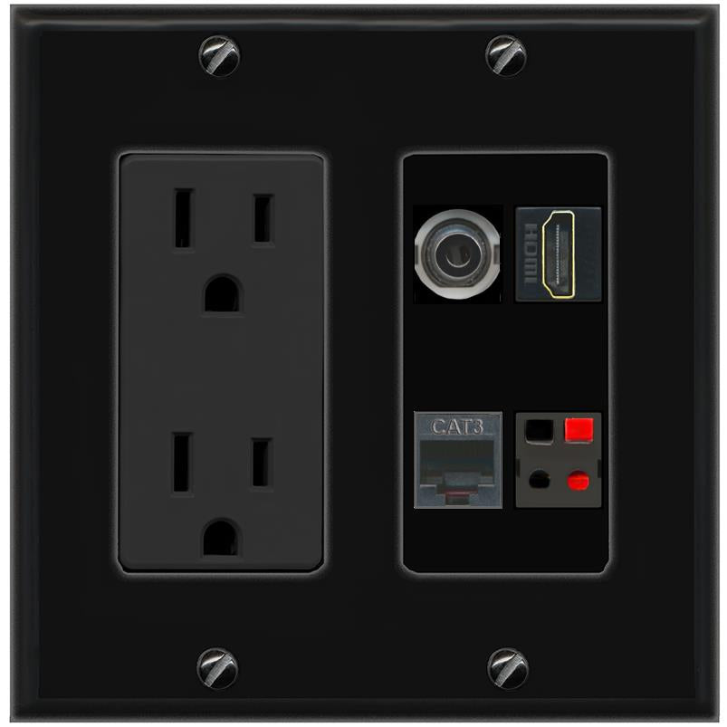 RiteAV 3.5mm HDMI PHONE SPEAKER Wall Plate with 15A Power Outlet [Black]