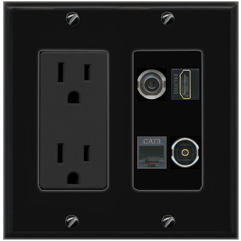 RiteAV 3.5mm HDMI PHONE TOSLINK Wall Plate with 15A Power Outlet [Black]