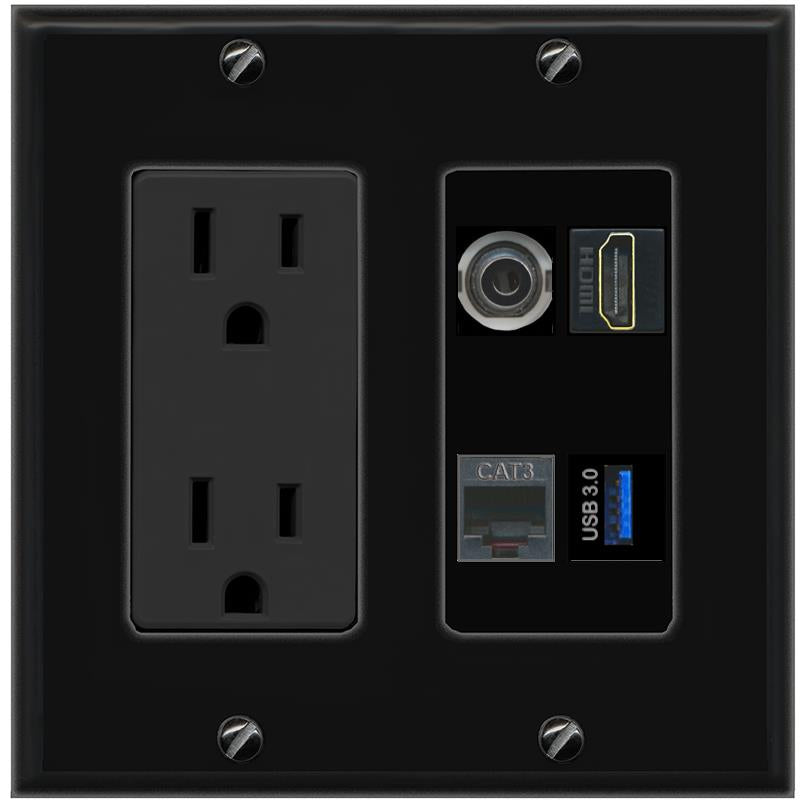 RiteAV 3.5mm HDMI PHONE USB-3 Wall Plate with 15A Power Outlet [Black]