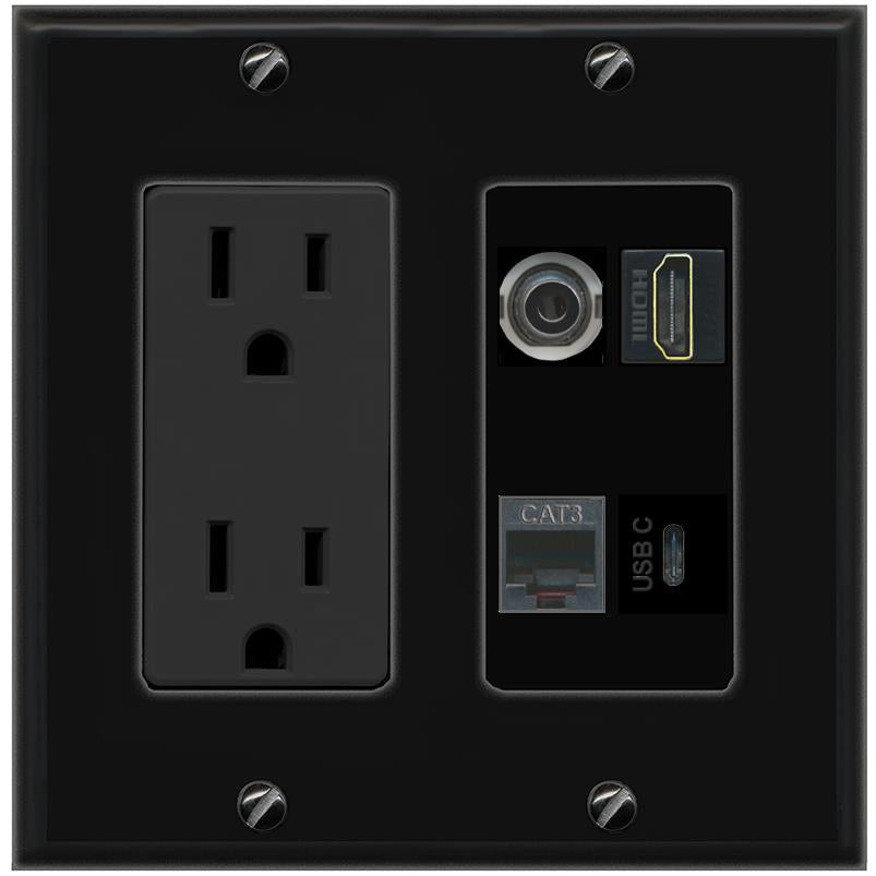 RiteAV 3.5mm HDMI PHONE USBC Wall Plate with 15A Power Outlet [Black]